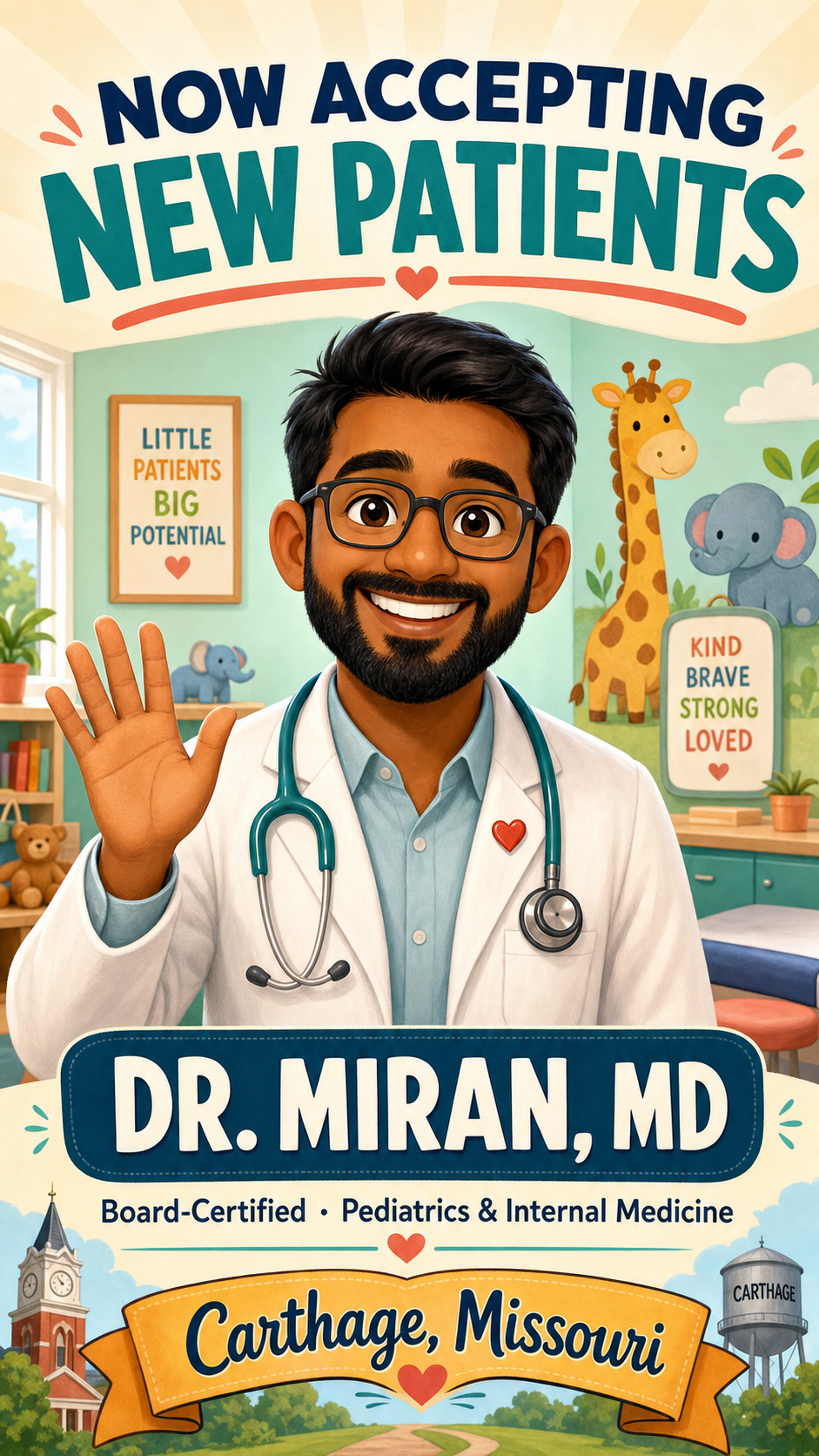 Dr. Miran welcomes Carthage families — board-certified pediatrician and internist